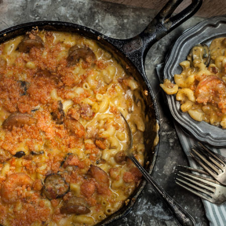 The crunch of cracklins contrasts with the creamy ooze of mac and cheese spiked and spiced with shrimp and tasso. (All photos credit: George Graham)