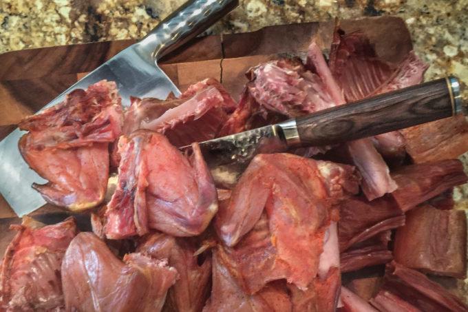 Ready for the gumbo pot; each rabbit is portioned into eight pieces.