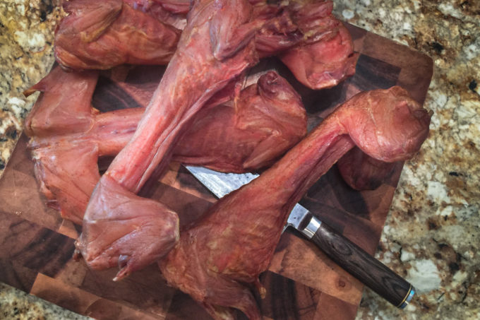 Smoked Rabbit pieces for my Gumbo Whole smoked domestic rabbit, a Cajun specialty.