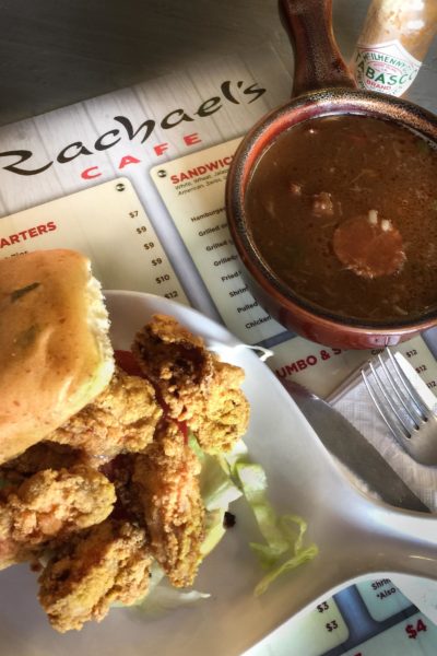 The Fried Oyster Sandwich with a bowl of Rachael's gumbo is delicious.