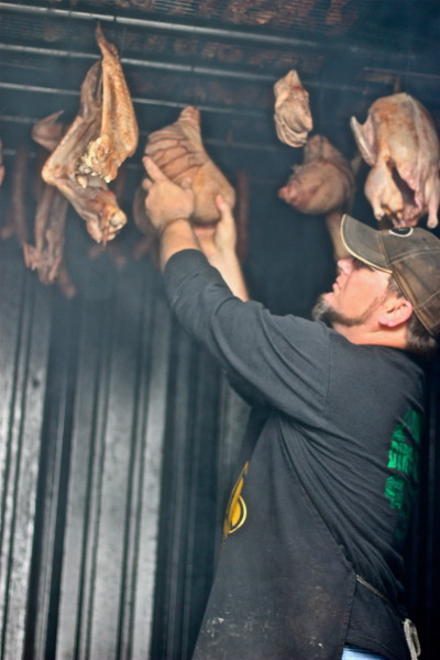 Smoked Rabbit for gumbo Jean Duos in his smokehouse