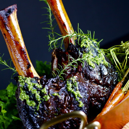 Braised Beef Shanks with Parsley Pecan Pesto