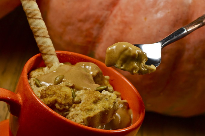 Creamy spoonful Pumpkin Bread Pudding spoonful