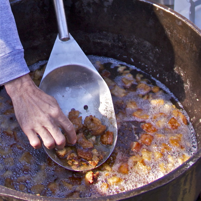 Frying cracklins for Cracklins -- among the classic Cajun recipes in my Cajun cooking favorites. Hot cracklins--a Cajun recipe handed down through generations.