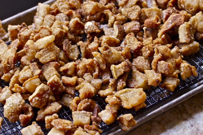 Cracklin' on rack--a traditional Cajun recipe.