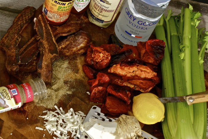 Bloody Mary ingredients for a Cajun recipe version of a Blackened Bloody Mary -- a classic cocktail with Cajun recipe flavors.