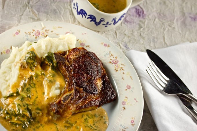 Pork Chop and Mustard Green Gravy is a Cajun recipe at Acadiana Table