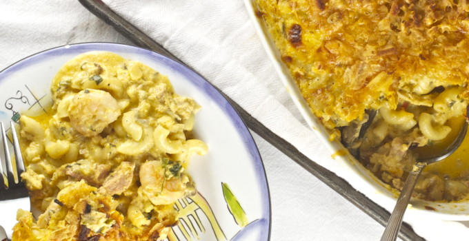 Plate of Seafood Mac and Cheese --an easy Cajun recipe.