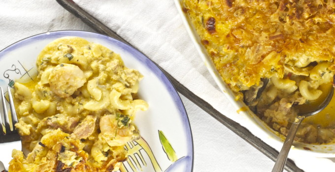 Seafood Mac and Cheese -- a tasty Cajun recipe. Plate of Seafood Mac and Cheese --an easy Cajun recipe.