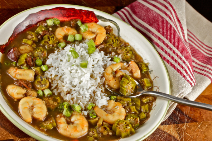 Shrimp and Okra Gumbo -- a classic merging of Cajun recipe and Creole recipe into one tasty dish.