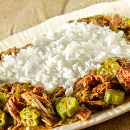 Okra and Tomatoes with Stewed Chicken and Sausage