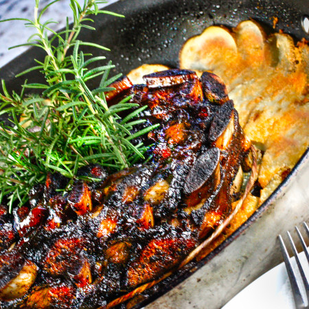 Scuppernong-Glazed Bourbon Beef Ribs with Tasso Potato Gratin