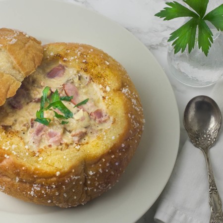 Baked Potato, Tasso and Leek Soup in a Sea Salt Boule