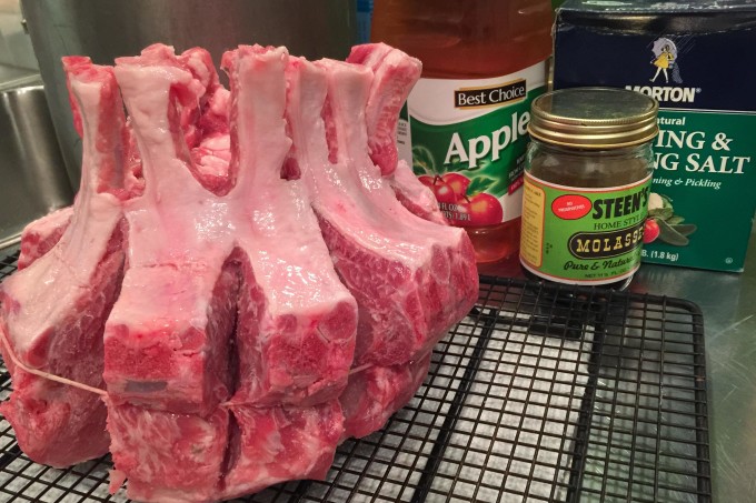 Perfectly prepped pork and basic brining ingredients for my Cajun recipe.