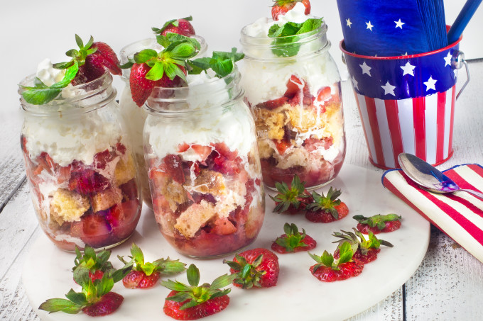 Ripe juicy strawberries on a mound of pound cake is at the center of this Strawberry Shortcake Jars dessert. (All photos credit: George Graham)