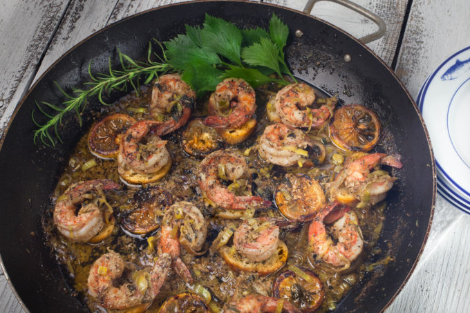 Cajun Shrimp Skillet: Jumbo shrimp bathed in a buttery bath of herbs and spices; the perfect appetizer skillet. (All photos credit: George Graham)