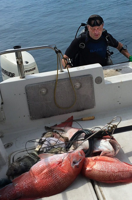 My friend John Fortier spearfishes for red snapper at the oil platforms just off the Louisiana coast. That's as fresh as it gets!