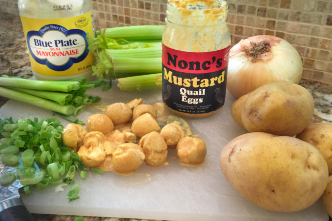 Mustard Quail Egg Potato Salad ingredients Jarred quail eggs are sold everywhere in Cajun country and go into my Mustard Quail Egg Potato Salad recipe.