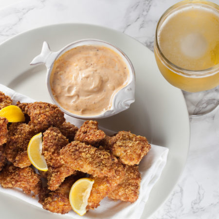 Potato Chip-Crusted Catfish Nuggets with Creole-Spiked Sriracha Mayo