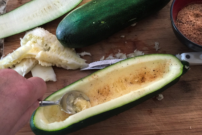 Carving for a Shrimp and Zucchini Pirogue Scooping out the flesh of the squash is simple in this Cajun recipe for Shrimp and Zucchini Pirogue,