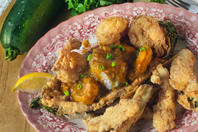 Shrimp and Zucchini Pirogue plate A contrast of tastes and textures, this Shrimp and Zucchini Pirogue delivers a boatload of flavor in my tasty Cajun recipe.