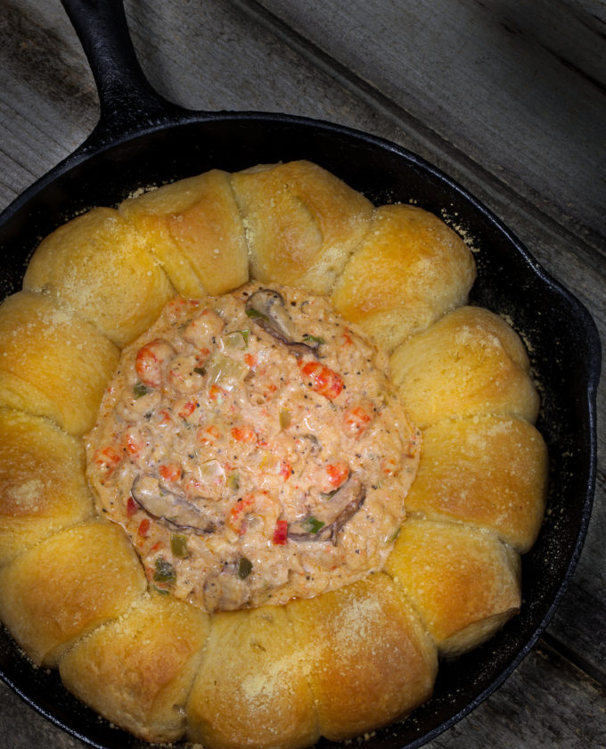 Crawfish Dip in a French Bread Skillet closeup Crawfish Dip in a French Bread Skillet--the perfect party dish in an easy Cajun recipe!
