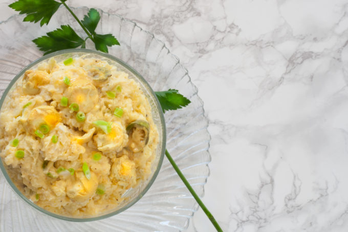 Mustard Quail Egg Potato Salad Mustard Quail Egg Potato Salad: Creamy, mustardy potato salad featuring Cajun quail eggs in a creative Cajun recipe. (All photos credit: George Graham)