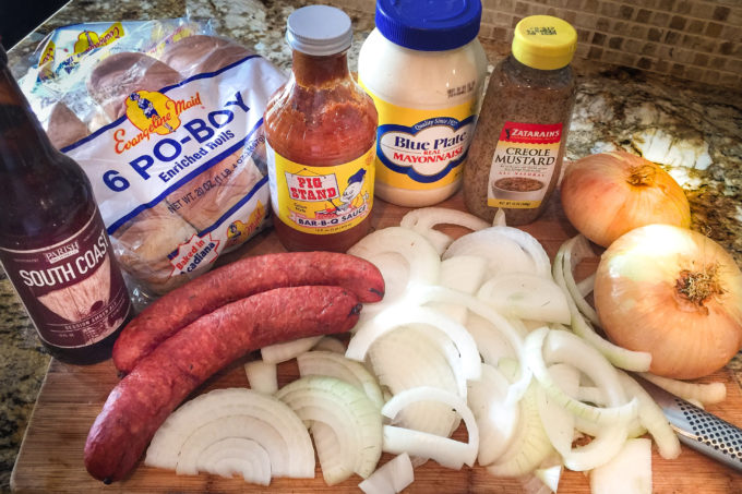 Down home Southern ingredients in an easy Cajun recipe for a Smoked Sausage Po'Boy.