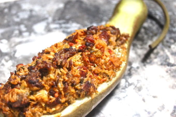 Stuffed Cucuzza Squash- a classic Cajun recipe seen in Cajun cooking. Stuffed Cucuzza Squash is a Cajun recipe ingredient.