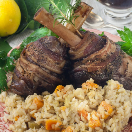 Pecan-Smoked Lamb Shanks with Sweet Potato Risotto