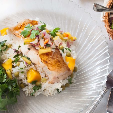 Pan Seared Grouper with Mango Salsa and Coconut Rice