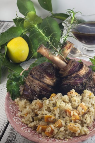 Hearty lamb shanks are succulent smoked on the bone and the sweet potato risotto is a light and airy pairing. Give it a try.
