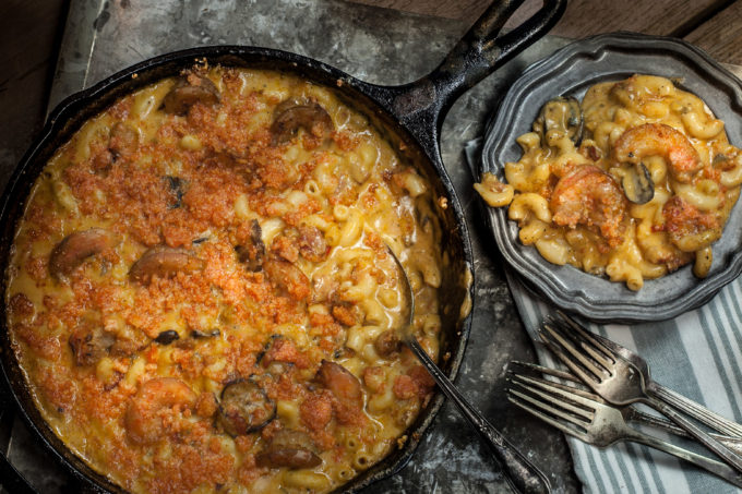 Shrimp and Tasso Mac and Cheese The crunch of cracklins contrasts with the creamy ooze of mac and cheese spiked and spiced with shrimp and tasso in this Shrimp and Tasso Mac and Cheese recipe. (All photos credit: George Graham)