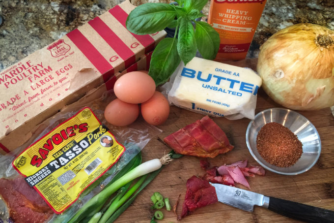 Baked Eggs in Tasso Cream ingredients Tasso (or chopped smoked ham) flavors these familiar ingredients in an easy Baked Eggs in Tasso Cream recipe.