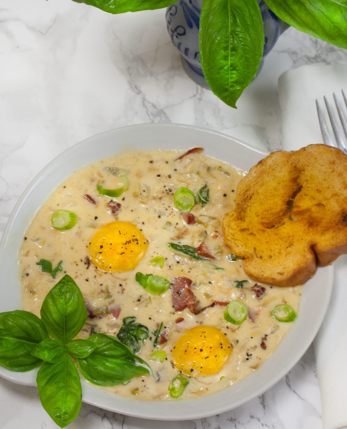 Baked Eggs in Tasso Cream plate Velvety cream encases the yolks for a rich breakfast dish--an easy Baked Eggs in Tasso Cream recipe.