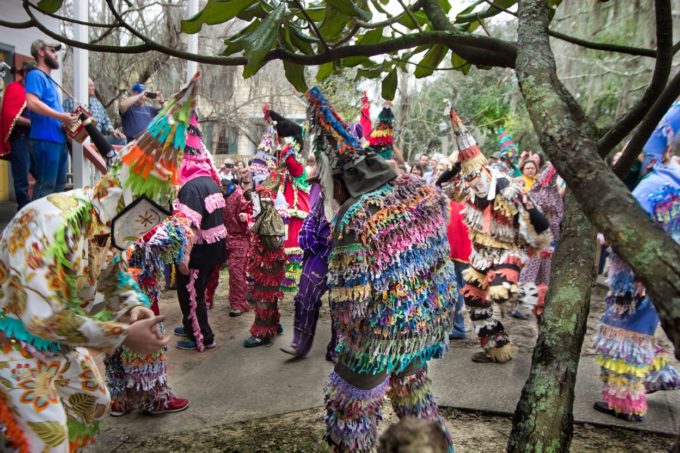 dancing the Courir de Mardi Gras Dancing for their dinner and Chicken and Smoked Sausage Gumbo ingredients!