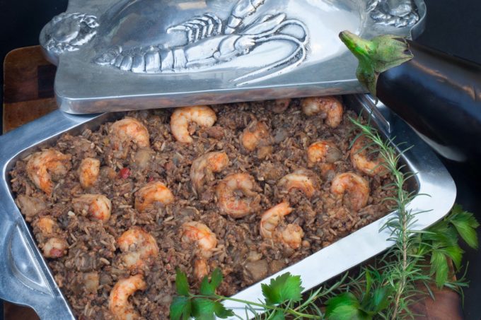 Baked in a casserole, this regal eggplant dish is crowned with Louisiana shrimp. (All photos credit: George Graham)