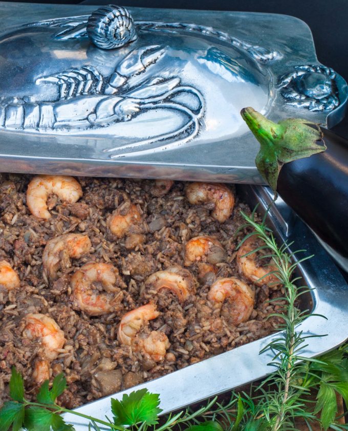 My Eggplant Casserole with Gulf Shrimp is a hearty side dish or a center-of-the-table entree.