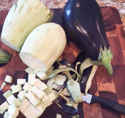 Peeled and sliced into cubes, this eggplant is prepped for my Eggplant Casserole.