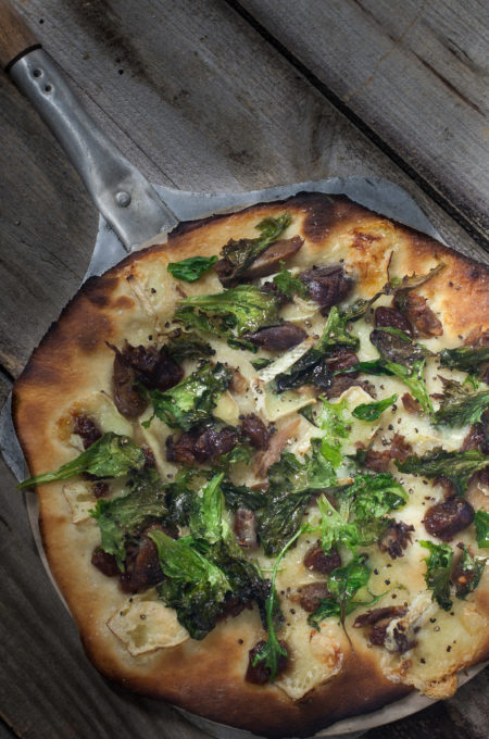 Duck and Brie Pizza served Crisp crust and melted cheese make this Duck and Brie Pizza a contrast of texture and taste. (Photo credit: George Graham)