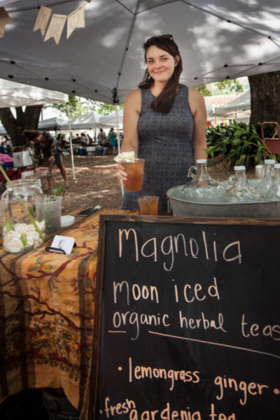 Gardenia Iced Tea with a fresh gardenia blossom is a specialty of my friend Lauren Earley of Magnolia Moon.  See her at the Lafayette Farmers Market at the Horse Farm.