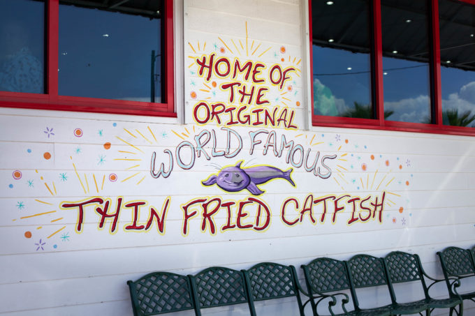 Middendorf's sign The specialty of the house is Thin-Cut Fried Catfish.