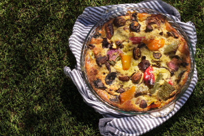 Mushroom and Pepper Bread Pudding overhead Bread pudding goes savory in this mushroom and pepper tart. (All photos credit: George Graham)