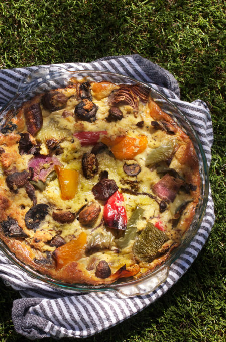 Mushroom and Pepper Bread Pudding closeup This savory Mushroom and Pepper Bread Pudding is the perfect brunch entrée or casserole side dish.