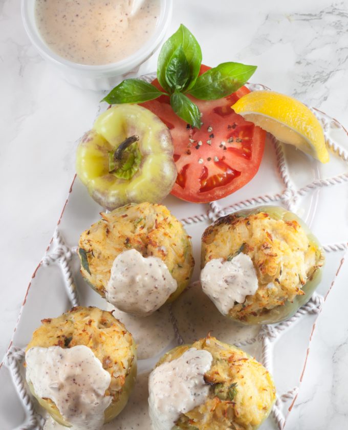 Mini Bell Peppers Stuffed with Crabmeat vertical Mini Bell Peppers Stuffed with Crabmeat are an easy Cajun recipe.