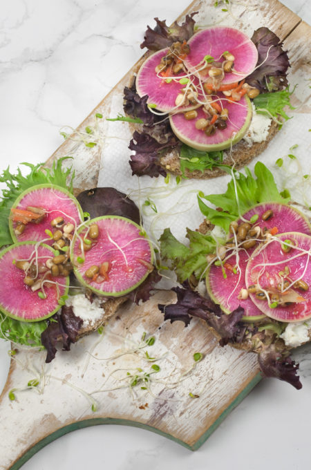 Radish and Goat Cheese Tartine cutting board Radish and Goat Cheese Tartine