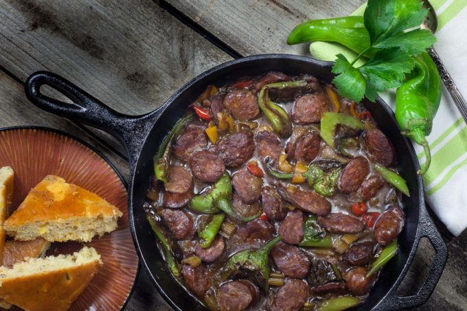 Smoked Pork Sausage and Hatch Chiles skillet Smoked Pork Sausage and Hatch Chiles are a tasty combination.
