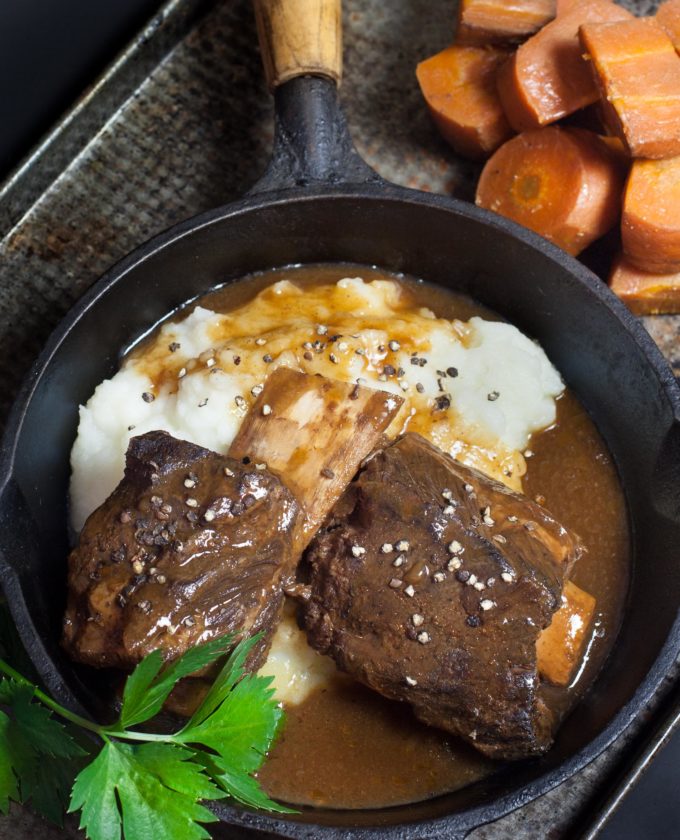 Short Ribs with Coffee Gravy with mashed potatoes These Short Ribs with Coffee Gravy are a shortcut to a delicious dinner.