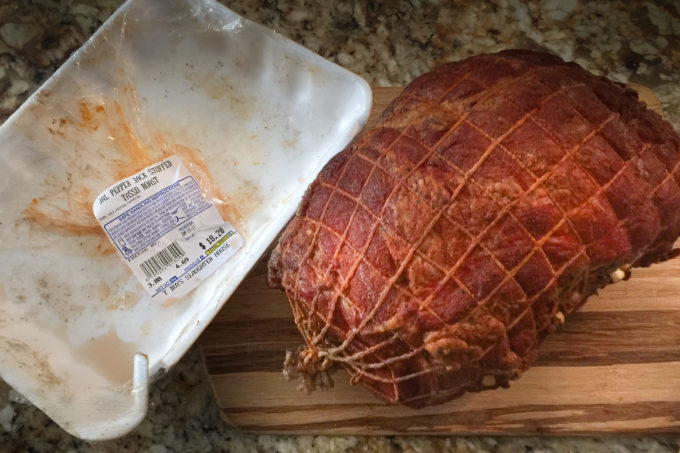 T-Boy's tasso roast is spiced, stuffed, smoked, and wrapped. Ready for the oven.