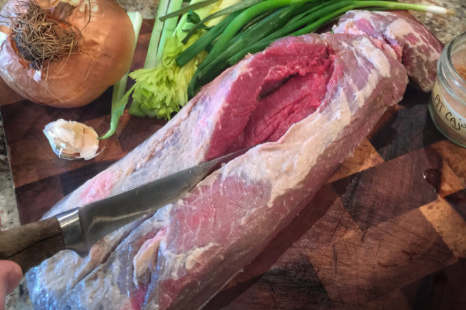 Sliced open, this brisket is ready for stuffing.